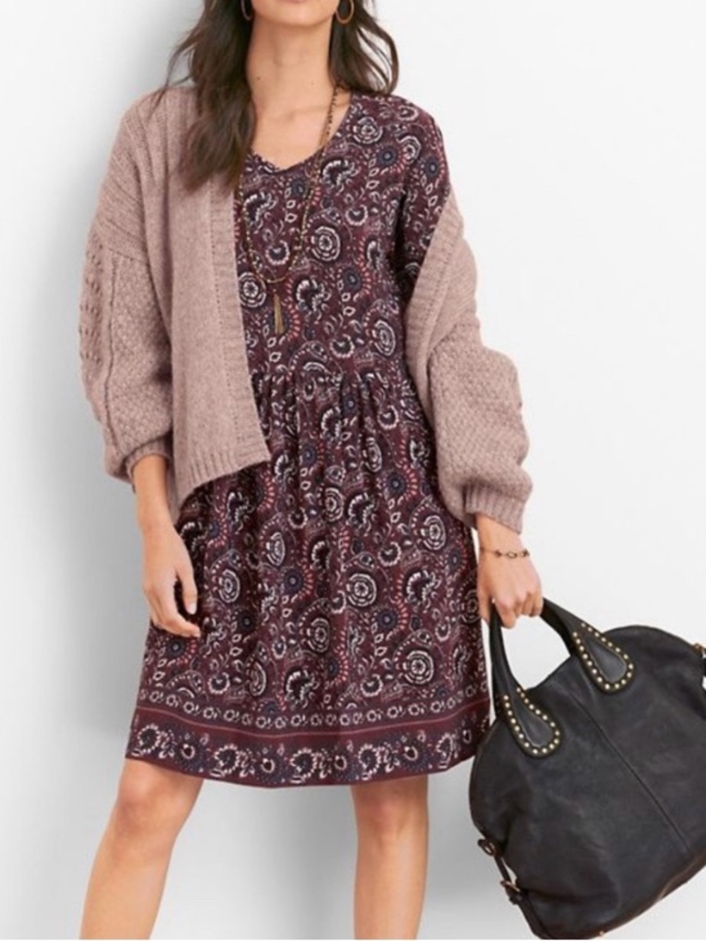 Garnet Hill Womens Burgundy Floral Paisley V-Neck 3/4 Sleeve Empire Dress NWOT 8